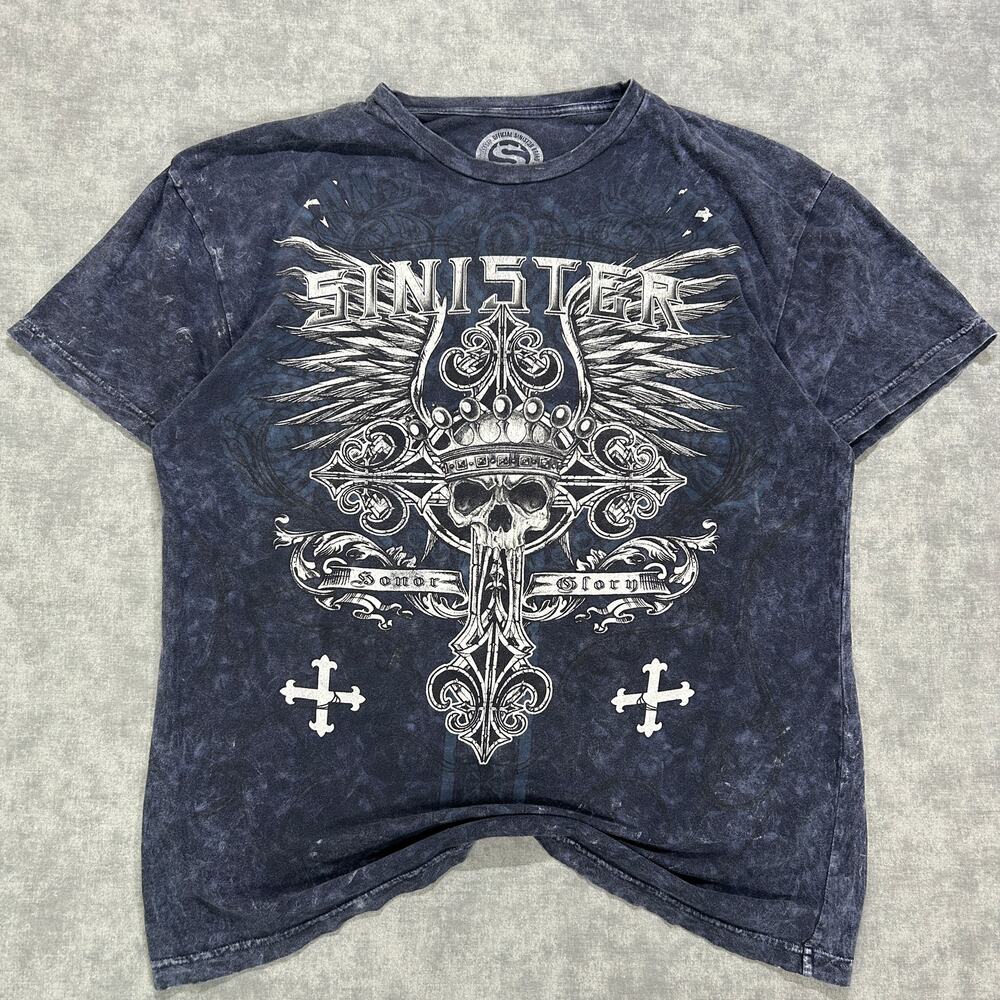 Y2K Sinister Brand Skull Crown Wings Graphic T Shirt Mens XL Acid Wash Navy